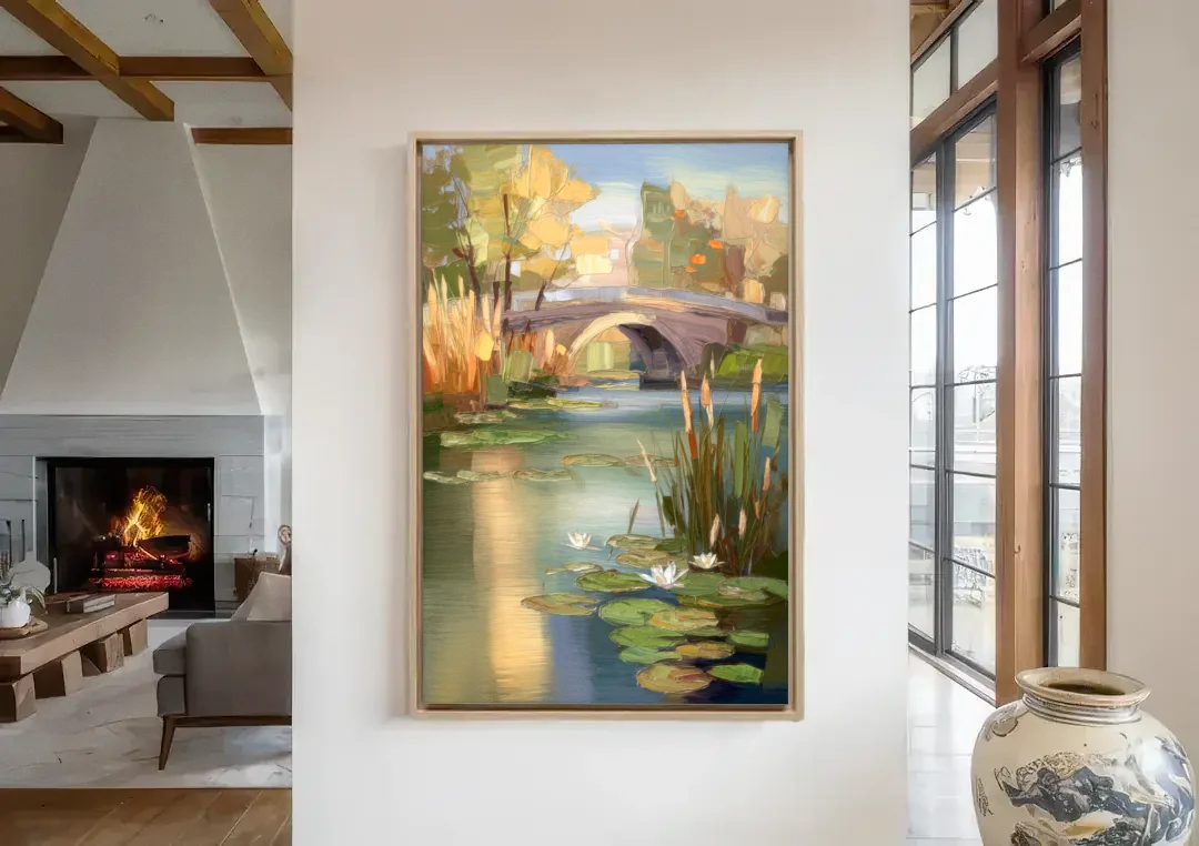 Madison Yahara River Tranquility canvas wall art in a living room with a fireplace