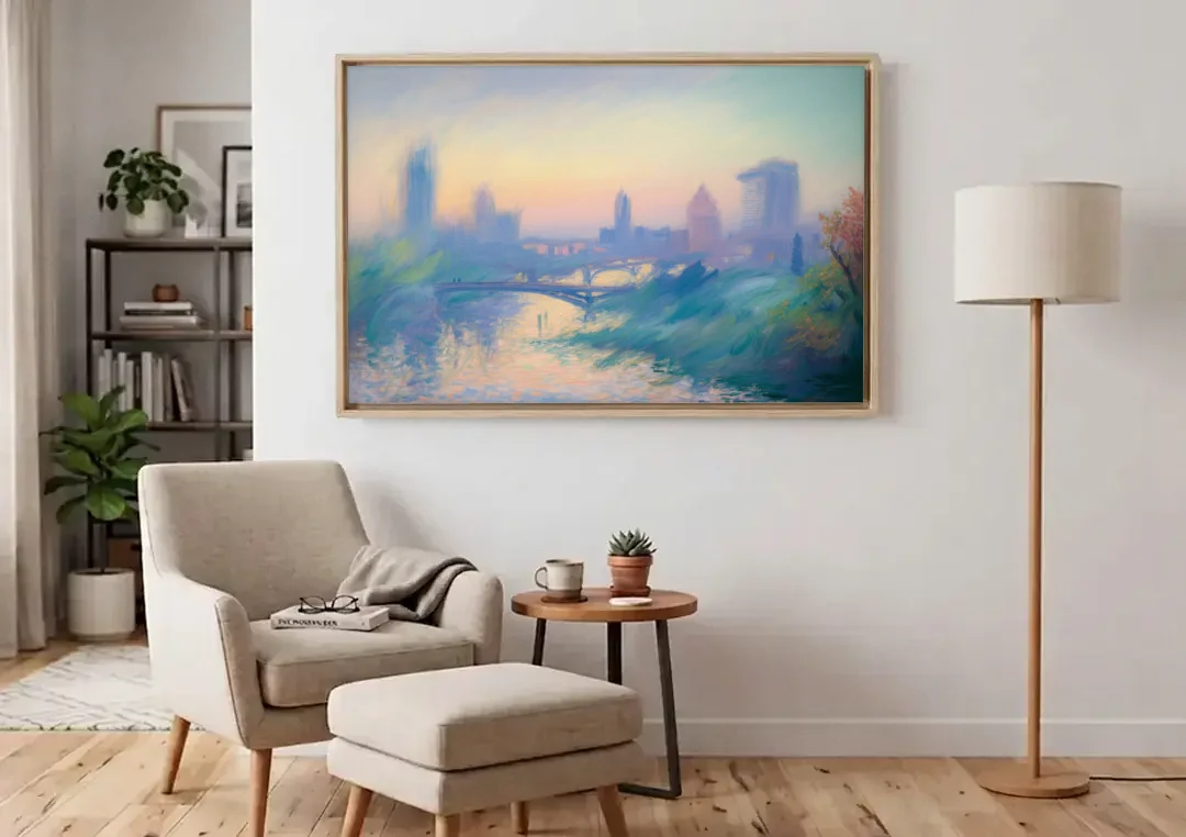Madrid Skyline Silhouette canvas wall art above an armchair in a bright living room
