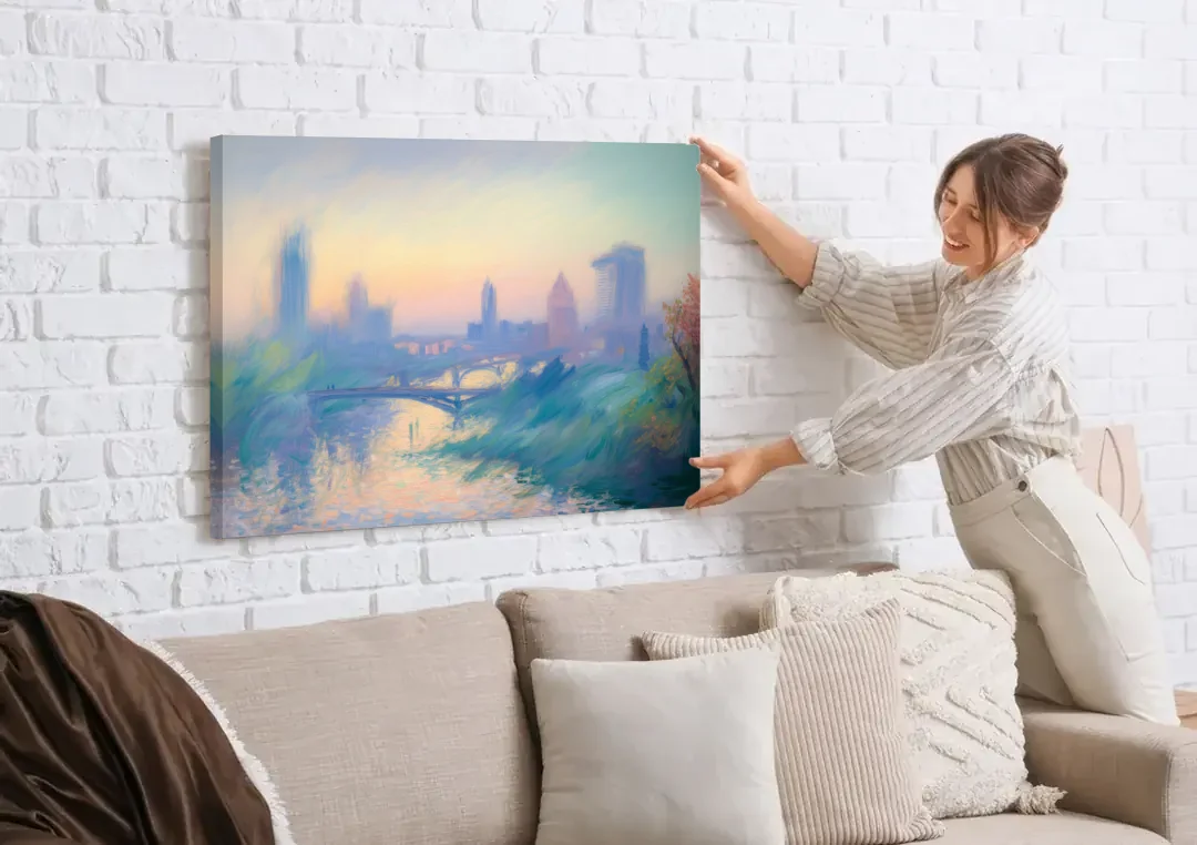 Madrid Skyline Silhouette canvas wall art being hung on a white brick wall above a sofa