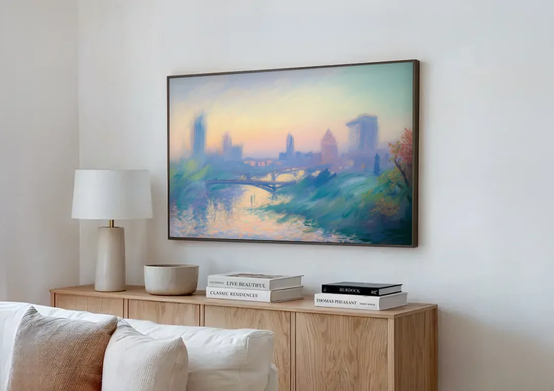 Madrid Skyline Silhouette canvas wall art above a wooden sideboard next to a sofa