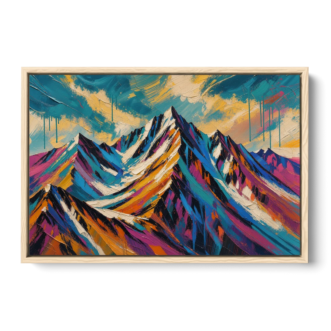 Large Magenta Mountain Peaks Under a Storm Sky - Oak Framed Canvas Wall Art - Front