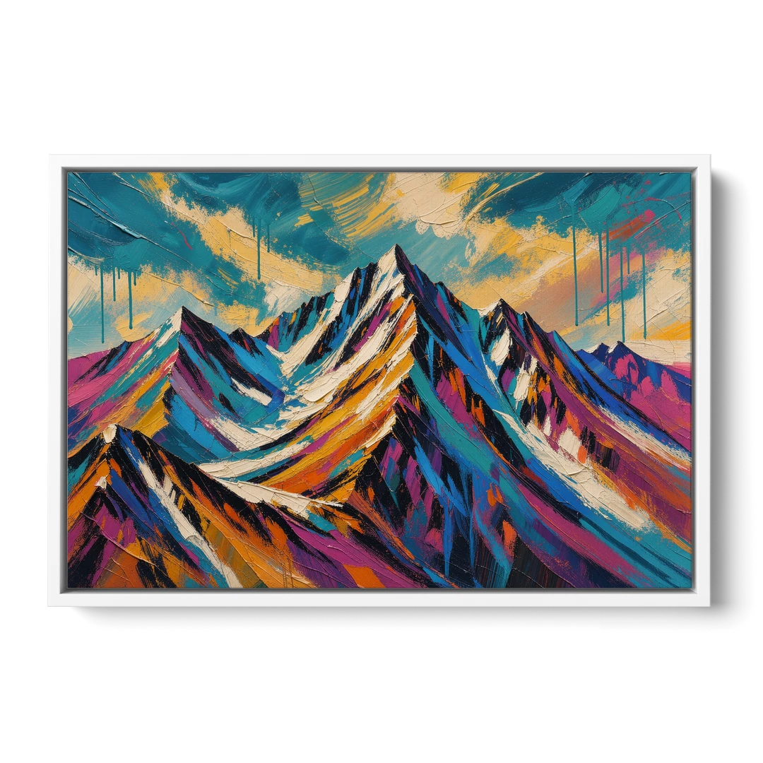 Large Magenta Mountain Peaks Under a Storm Sky - White Framed Canvas Wall Art - Front