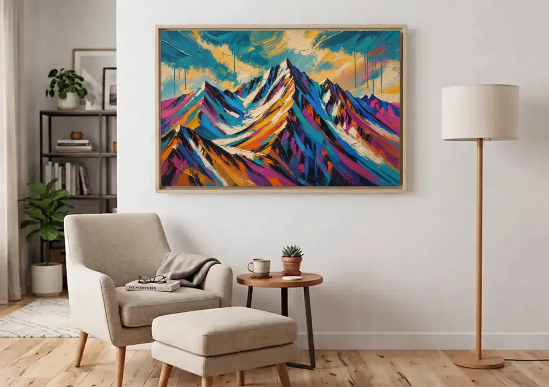 Large Magenta Mountain Peaks Under a Storm Sky canvas wall art above an armchair in a bright living room