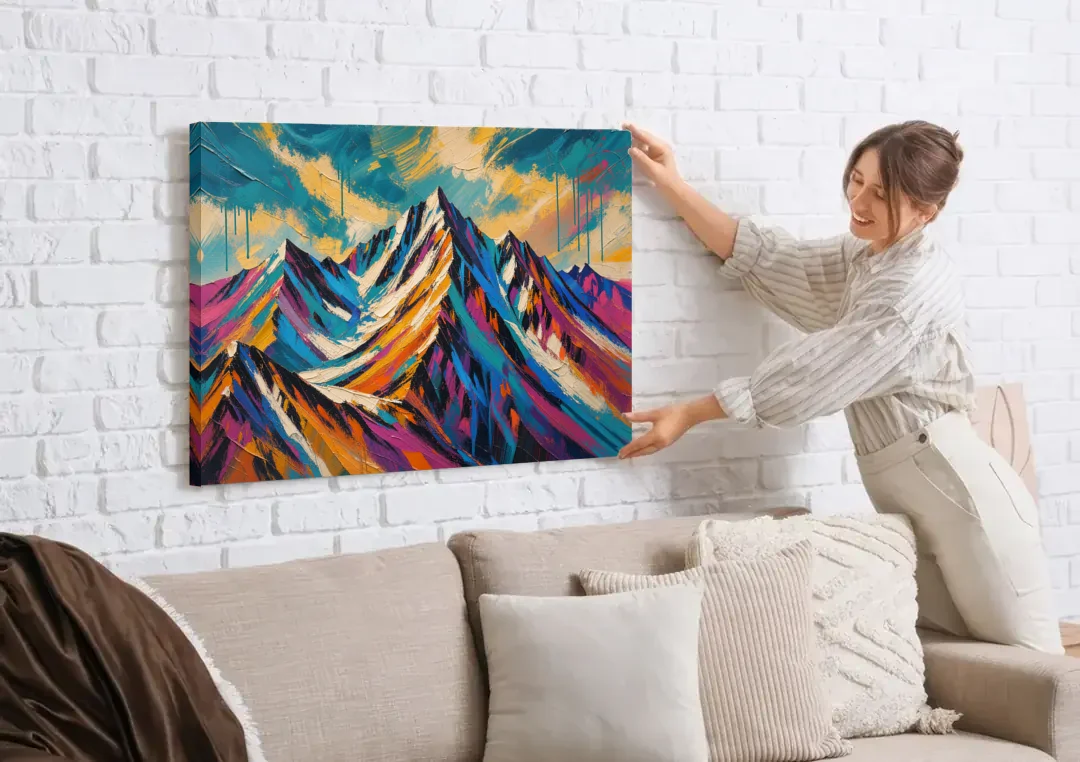 Large Magenta Mountain Peaks Under a Storm Sky canvas wall art being hung on a white brick wall above a sofa