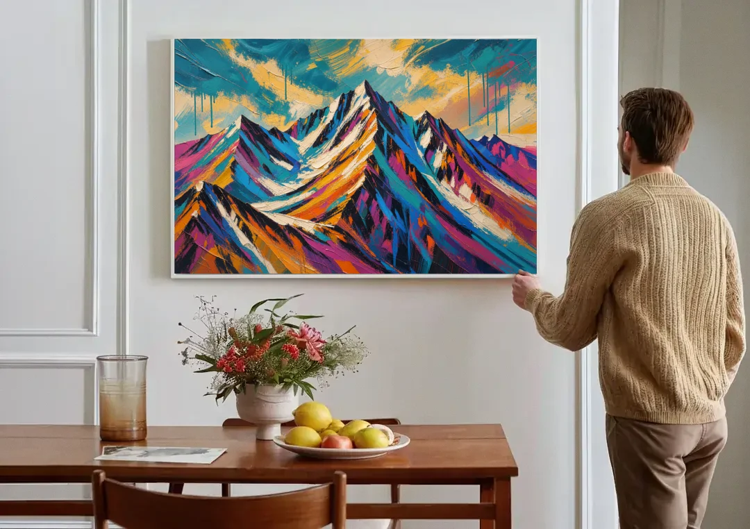 Large Magenta Mountain Peaks Under a Storm Sky canvas wall art above a dining table