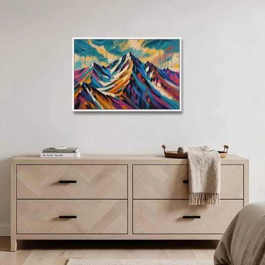 Large Magenta Mountain Peaks Under a Storm Sky - White Framed Canvas Wall Art - Coffee Table - 36x24