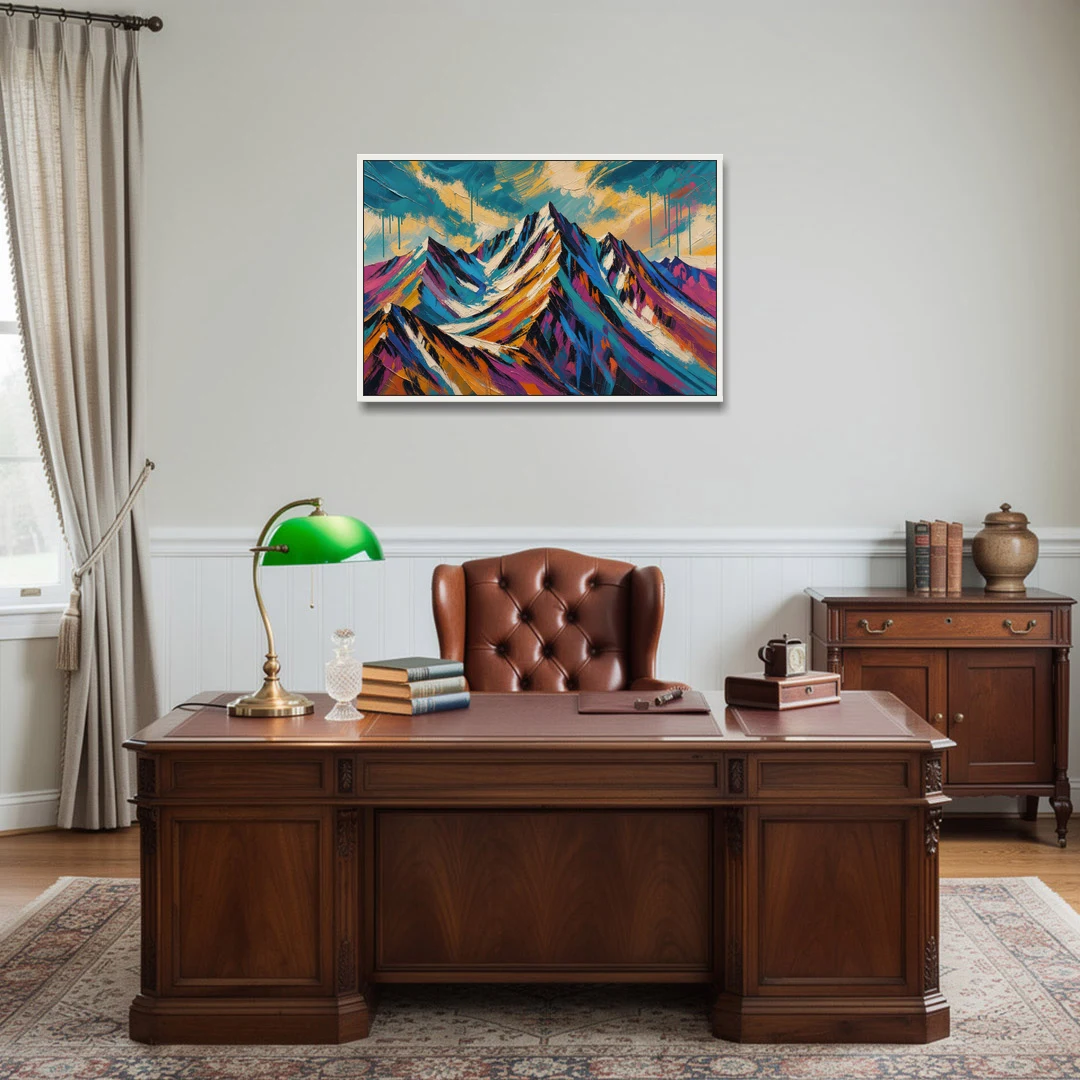 Large Magenta Mountain Peaks Under a Storm Sky - White Framed Canvas Wall Art - Office - 36x24