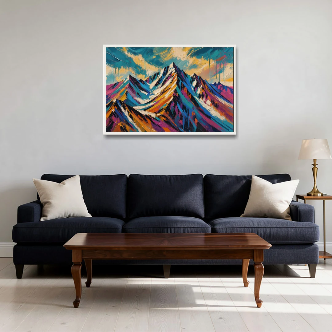 Large Magenta Mountain Peaks Under a Storm Sky - White Framed Canvas Wall Art - Sofa - 36x24