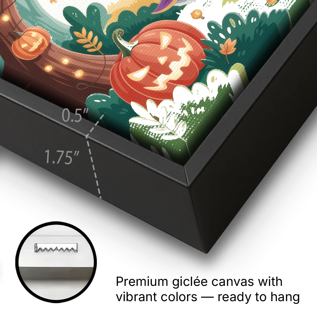 Magical Animals in Cute Halloween - Black Framed Canvas Wall Art - Gallery Wrap Corner