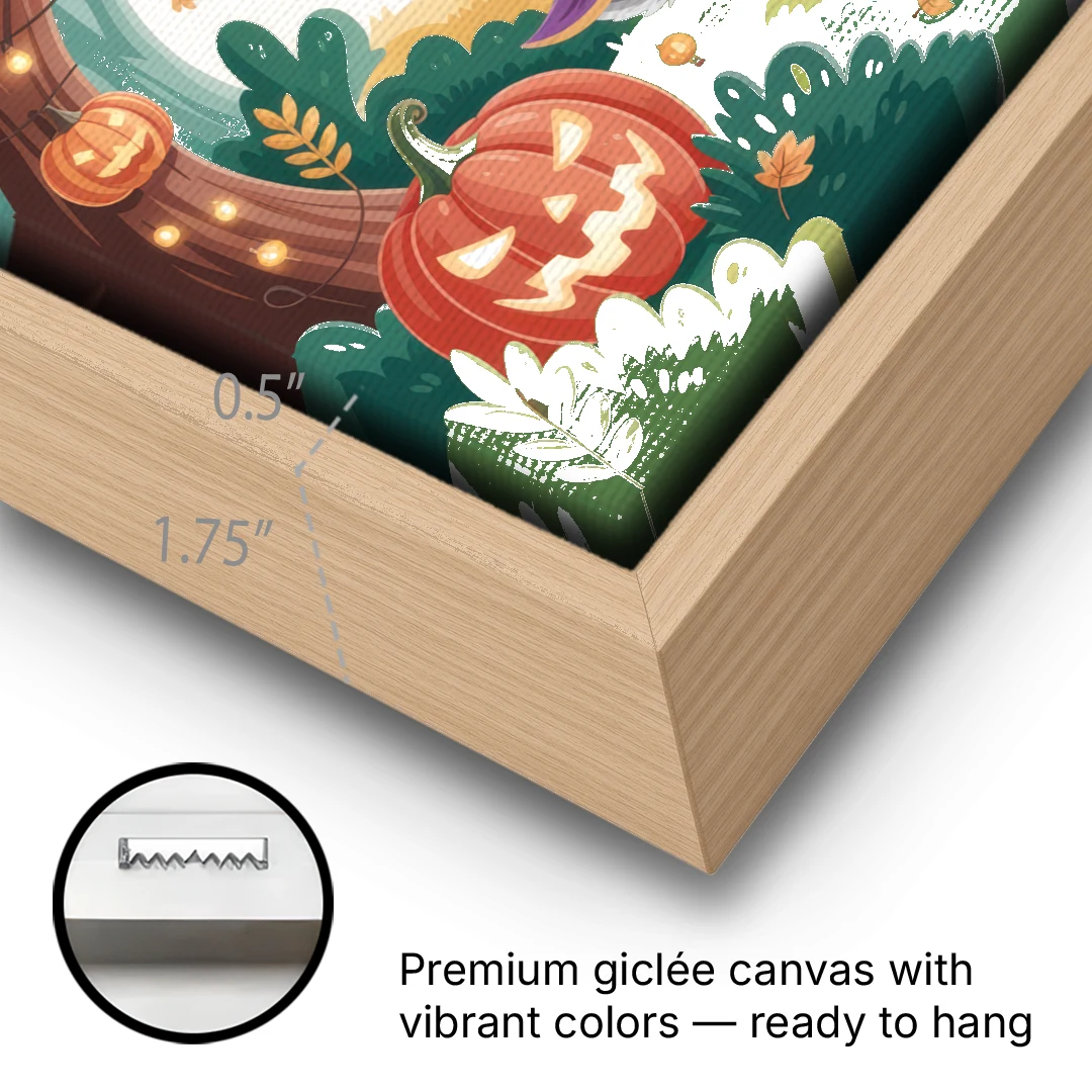 Magical Animals in Cute Halloween - Oak Framed Canvas Wall Art - Gallery Wrap Corner