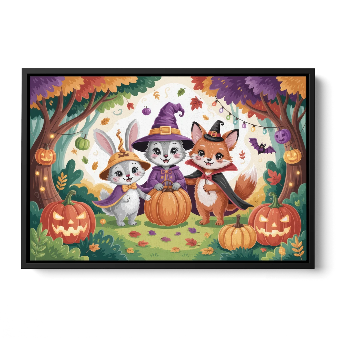 Magical Animals in Cute Halloween - Black Framed Canvas Wall Art - Front