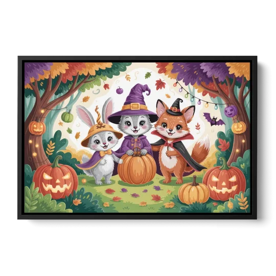 Magical Animals in Cute Halloween - Black Framed Canvas Wall Art - Front
