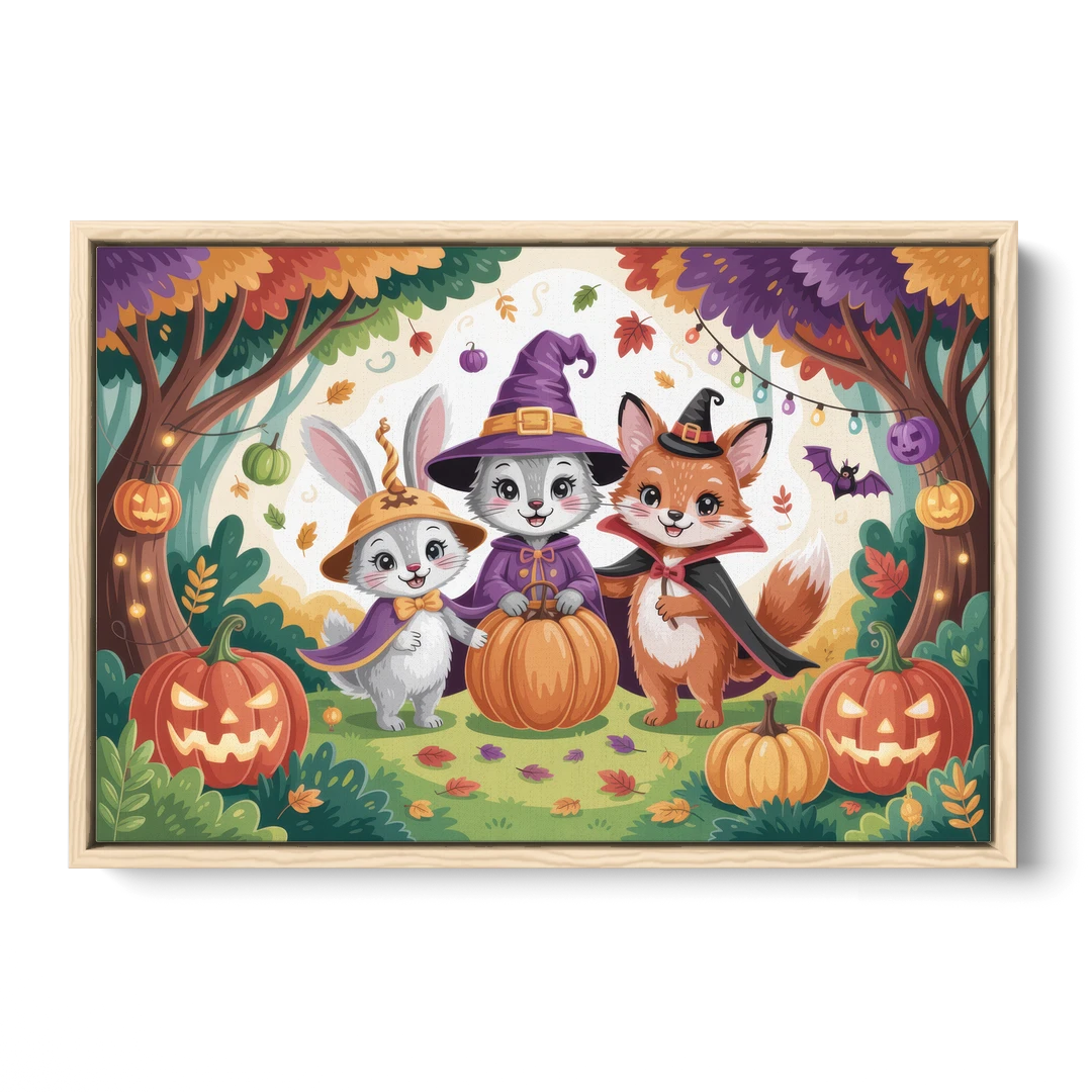 Magical Animals in Cute Halloween - Oak Framed Canvas Wall Art - Front