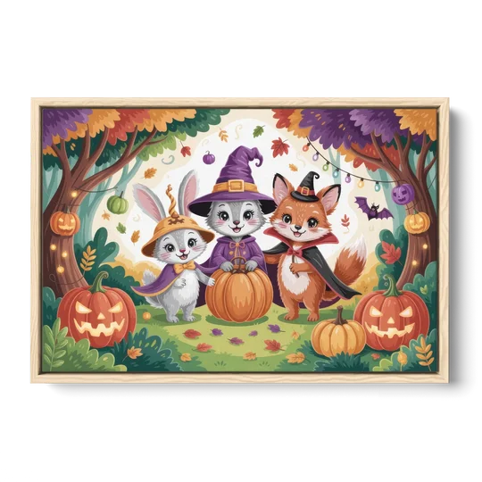Magical Animals in Cute Halloween - Oak Framed Canvas Wall Art - Front