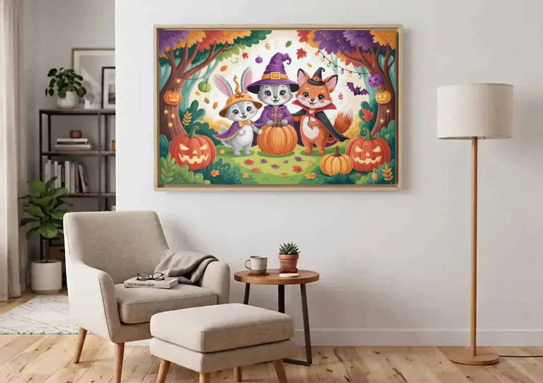 Magical Animals in Cute Halloween canvas wall art above an armchair in a bright living room
