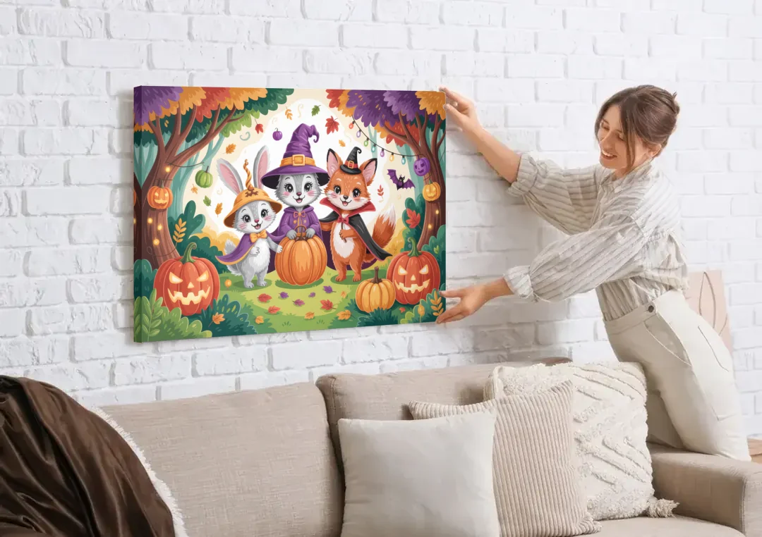 Magical Animals in Cute Halloween canvas wall art being hung on a white brick wall above a sofa