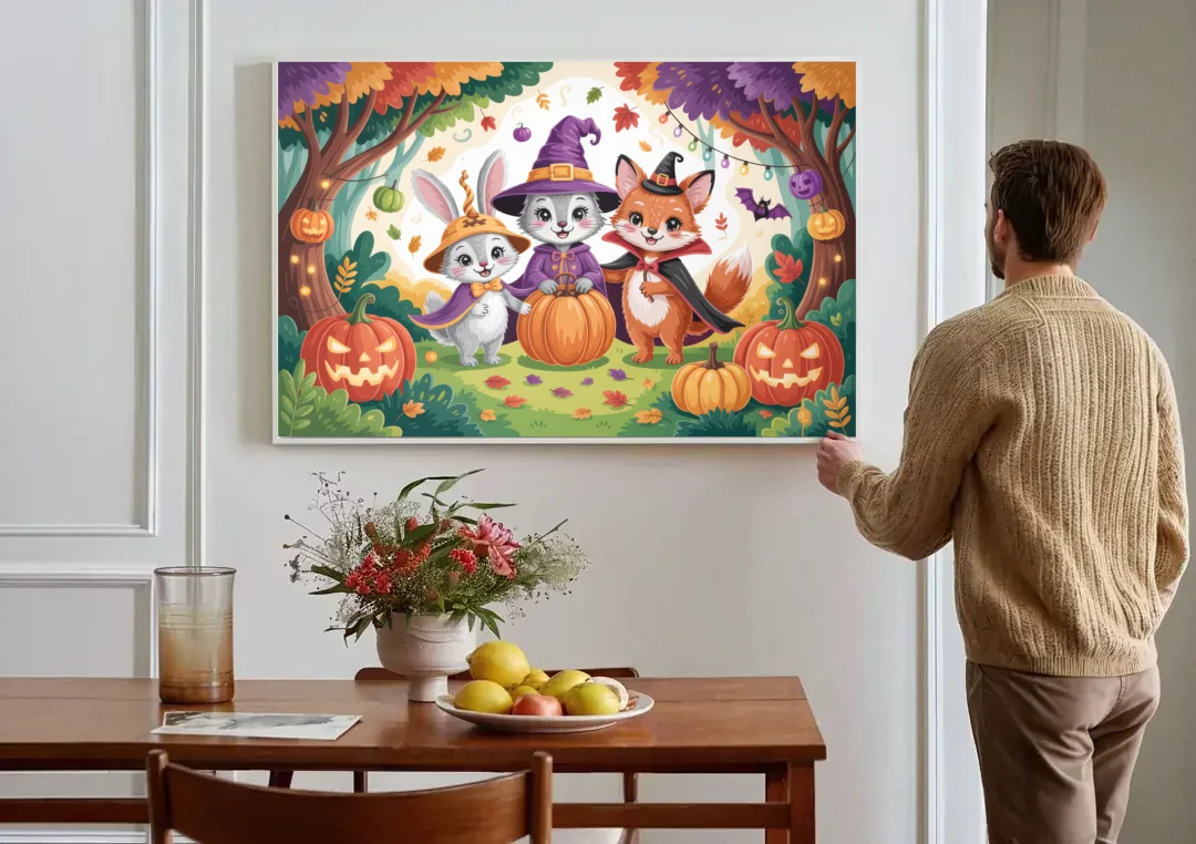 Magical Animals in Cute Halloween canvas wall art above a dining table