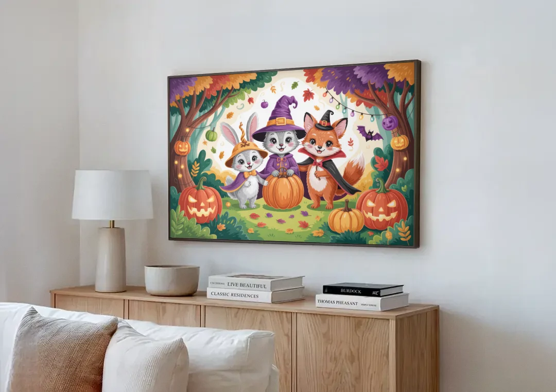 Magical Animals in Cute Halloween canvas wall art above a wooden sideboard next to a sofa