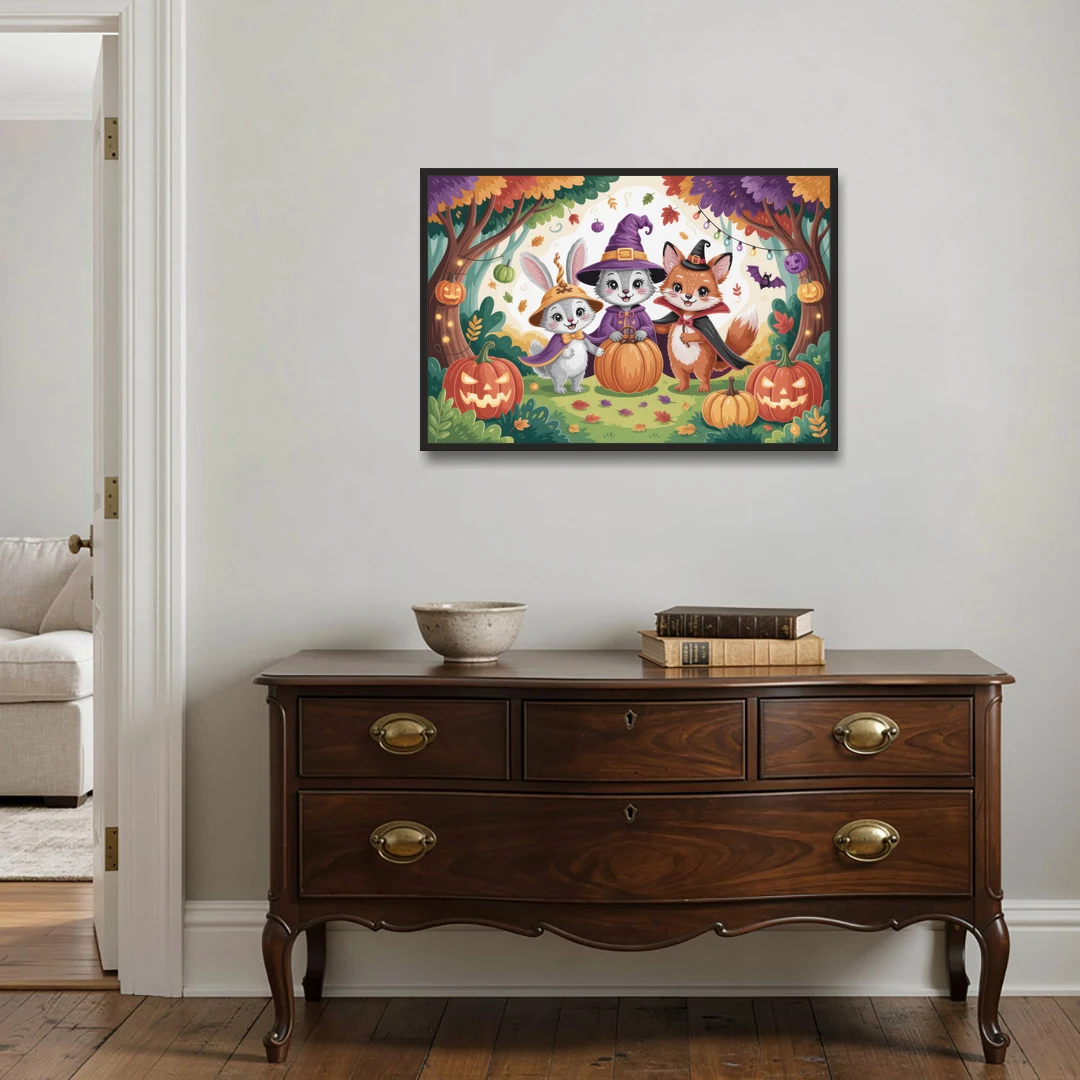 Magical Animals in Cute Halloween - Black Framed Canvas Wall Art - Coffee Table - 36x24