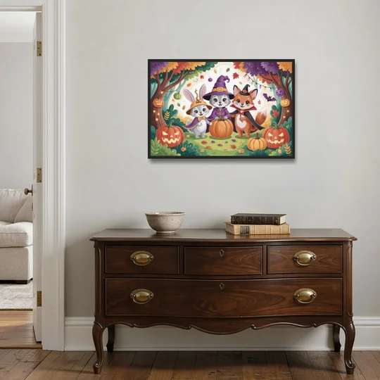 Magical Animals in Cute Halloween - Black Framed Canvas Wall Art - Coffee Table - 36x24