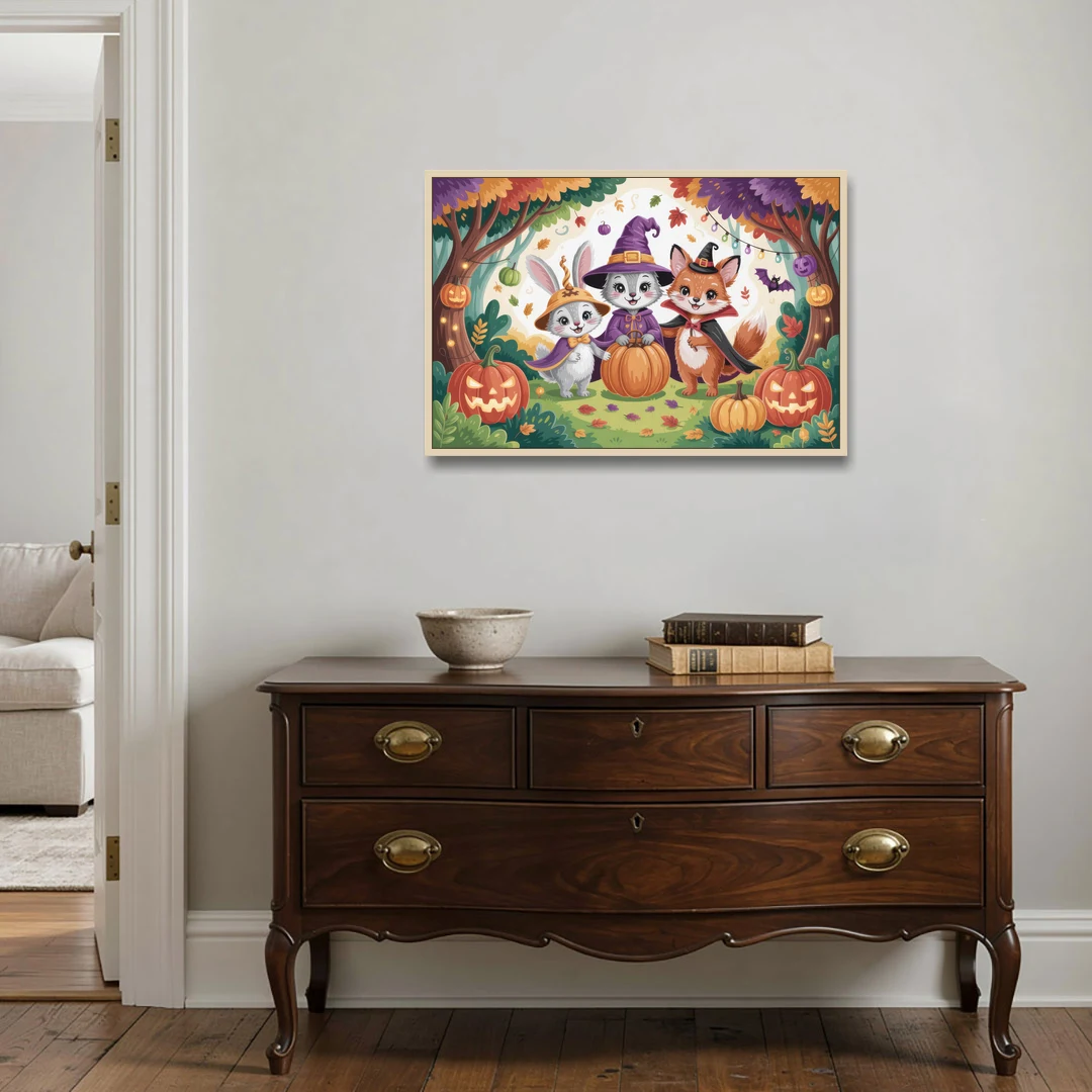 Magical Animals in Cute Halloween - Oak Framed Canvas Wall Art - Coffee Table - 36x24