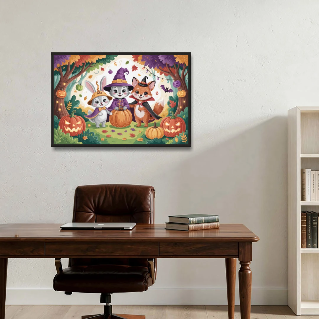Magical Animals in Cute Halloween - Black Framed Canvas Wall Art - Office - 36x24