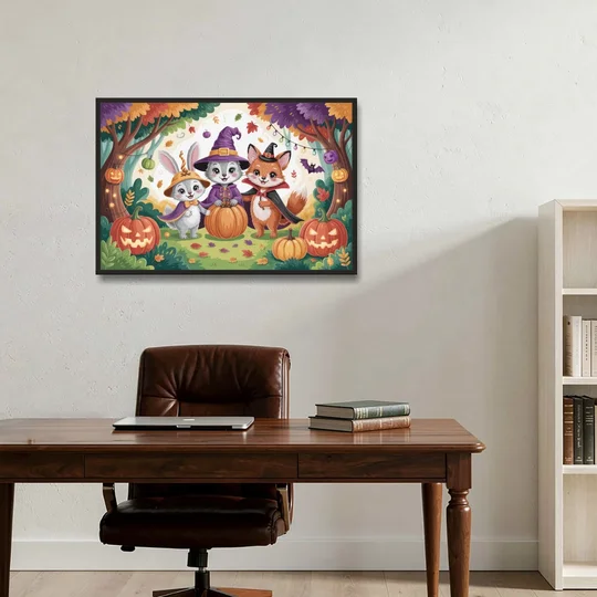 Magical Animals in Cute Halloween - Black Framed Canvas Wall Art - Office - 36x24