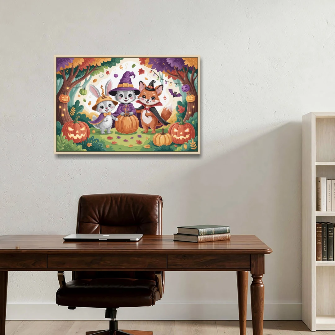 Magical Animals in Cute Halloween - Oak Framed Canvas Wall Art - Office - 36x24
