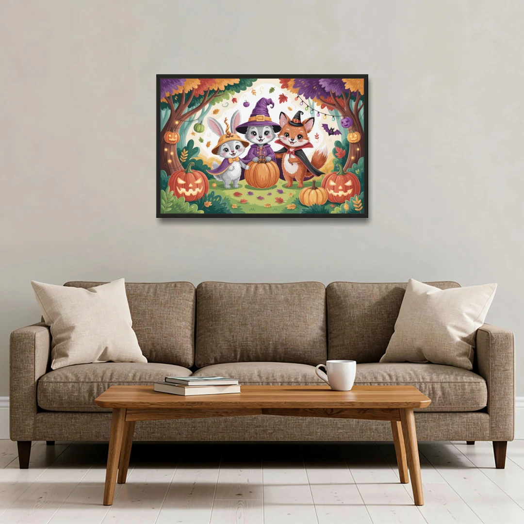 Magical Animals in Cute Halloween - Black Framed Canvas Wall Art - Sofa - 36x24