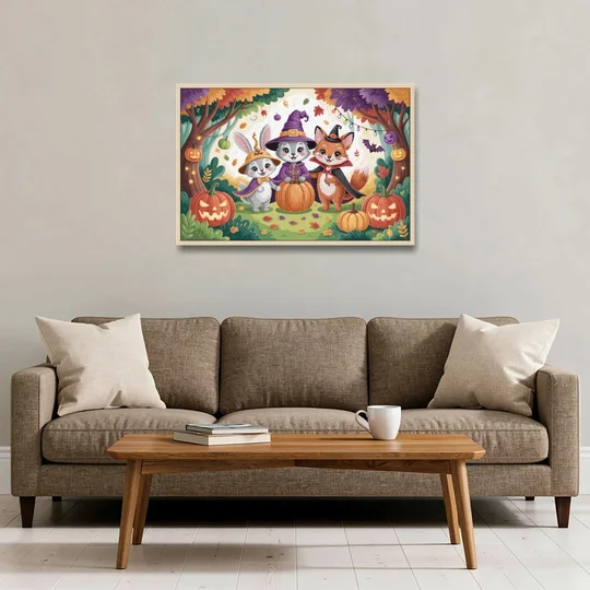 Magical Animals in Cute Halloween - Oak Framed Canvas Wall Art - Sofa - 36x24
