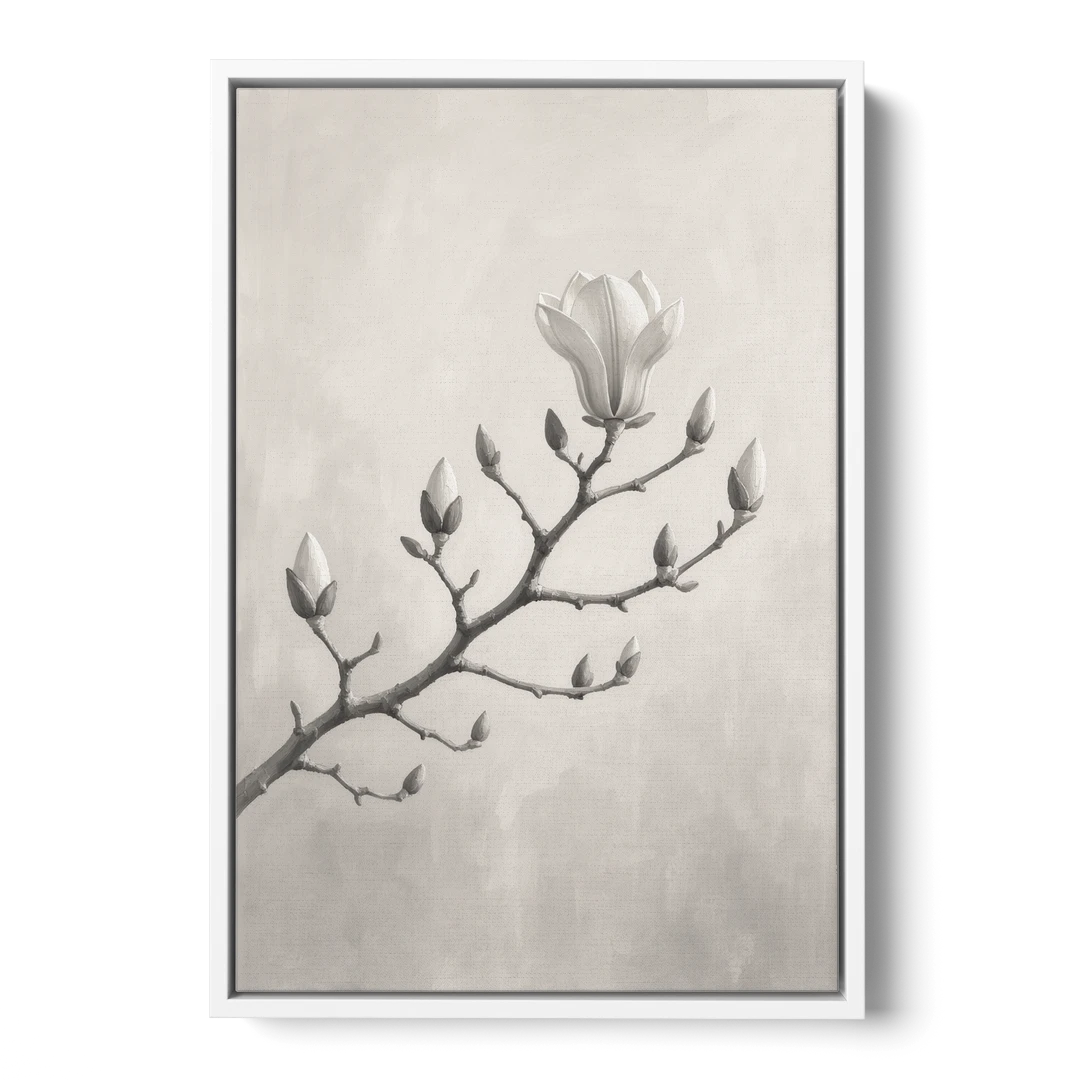 Magnolia Branch with Furry Buds and One Bloom - White Framed Canvas Wall Art - Front