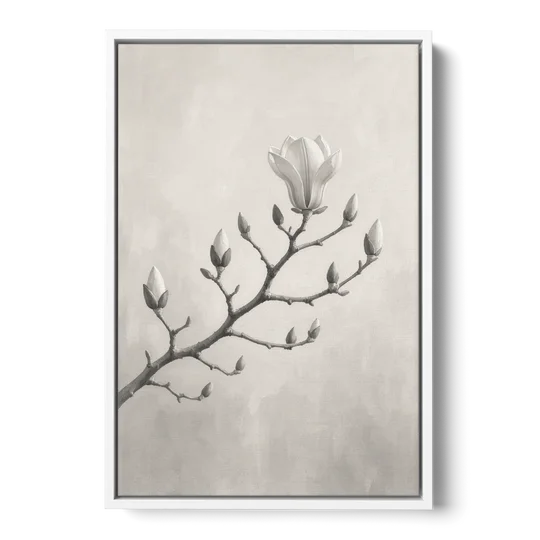 Magnolia Branch with Furry Buds and One Bloom - White Framed Canvas Wall Art - Front