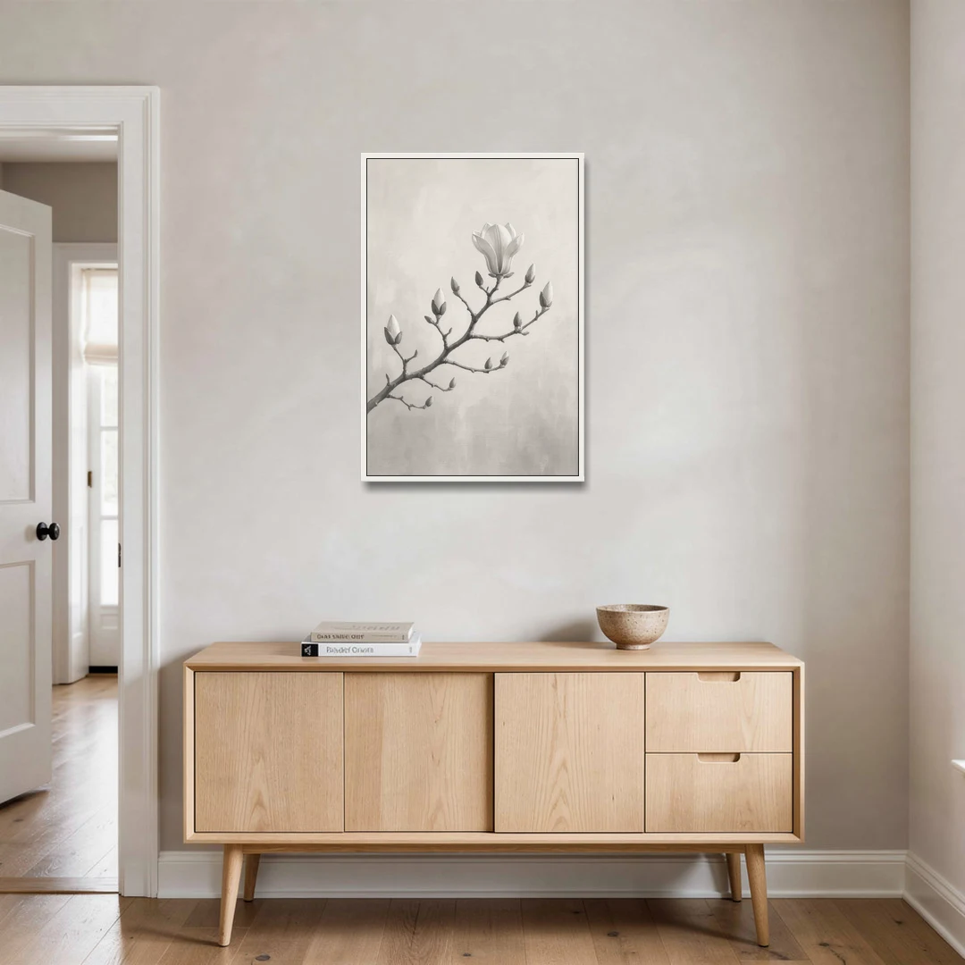 Magnolia Branch with Furry Buds and One Bloom - White Framed Canvas Wall Art - Coffee Table - 24x36