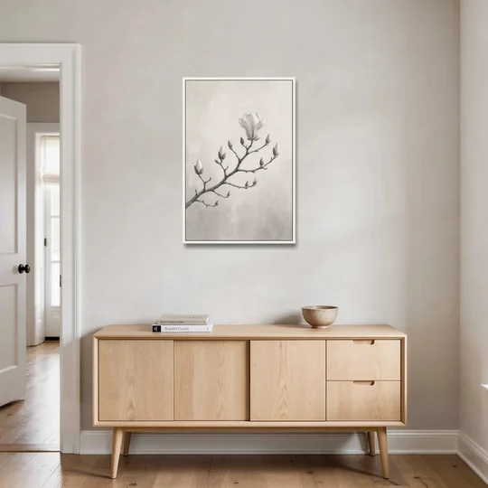 Magnolia Branch with Furry Buds and One Bloom - White Framed Canvas Wall Art - Coffee Table - 24x36