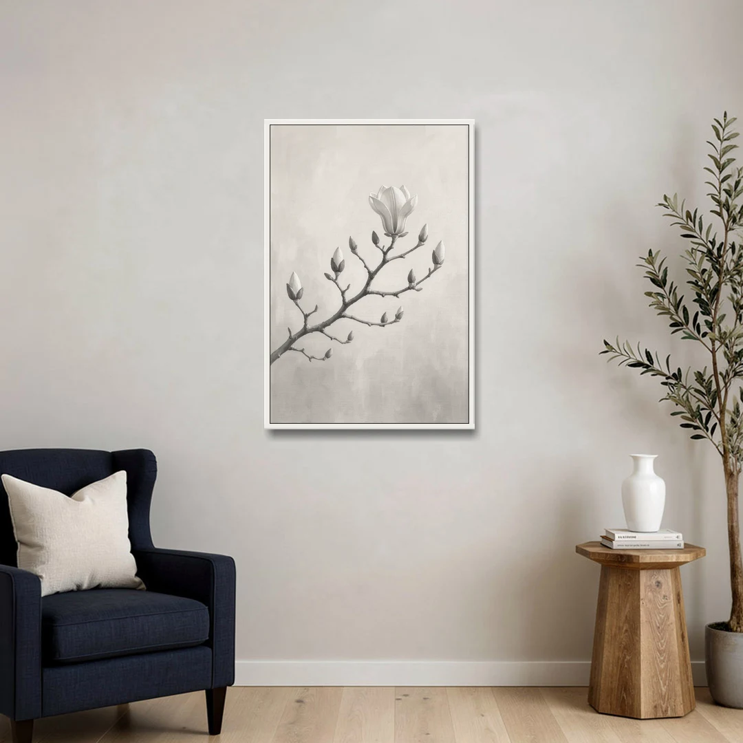 Magnolia Branch with Furry Buds and One Bloom - White Framed Canvas Wall Art - Sofa - 24x36