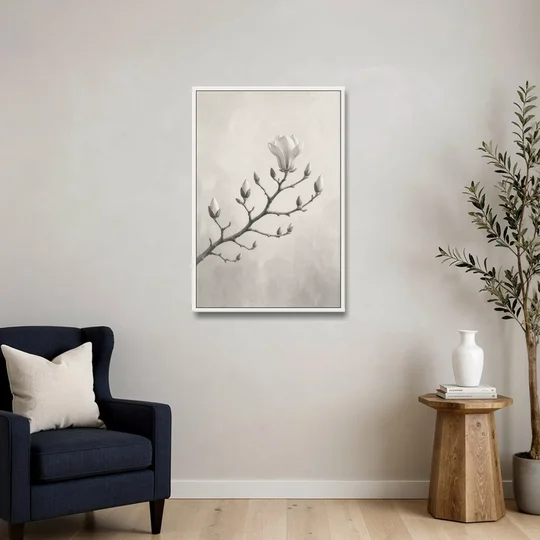 Magnolia Branch with Furry Buds and One Bloom - White Framed Canvas Wall Art - Sofa - 24x36