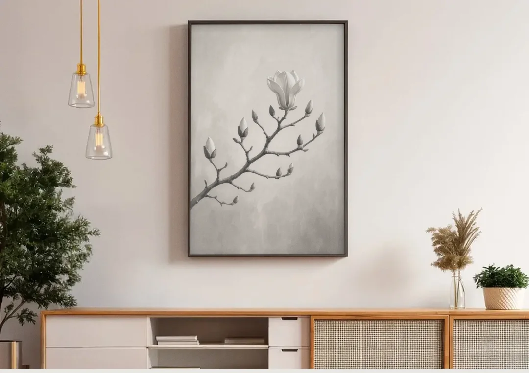 Magnolia Branch with Furry Buds and One Bloom canvas wall art above a wooden sideboard under pendant lights
