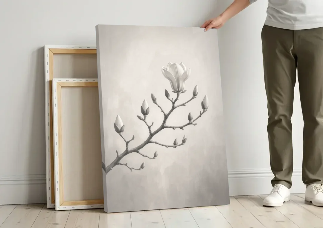 Magnolia Branch with Furry Buds and One Bloom canvas wall art leaning against a wall next to blank canvases