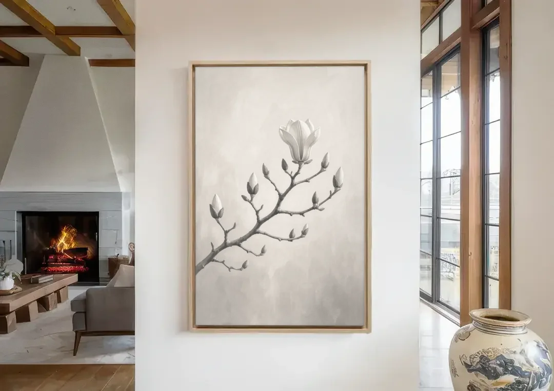 Magnolia Branch with Furry Buds and One Bloom canvas wall art in a living room with a fireplace