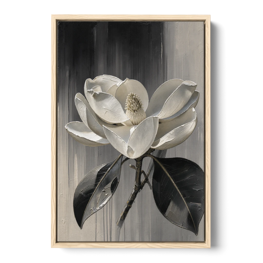 Magnolia Canvas Art with a Single White Bloom - Oak Framed Canvas Wall Art - Front
