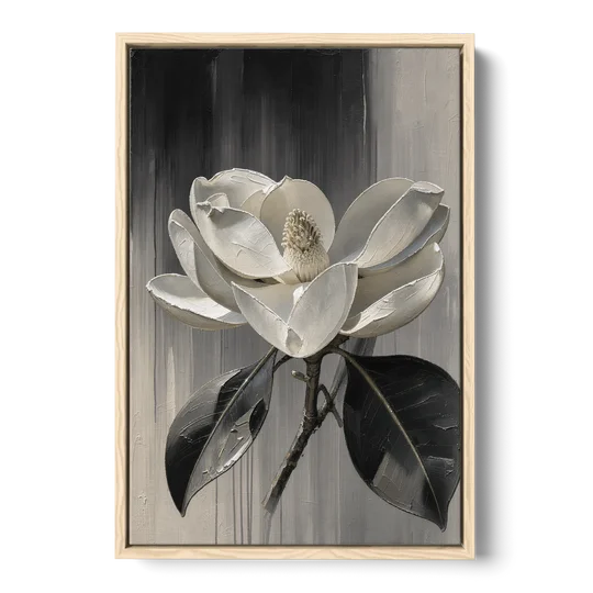 Magnolia Canvas Art with a Single White Bloom - Oak Framed Canvas Wall Art - Front