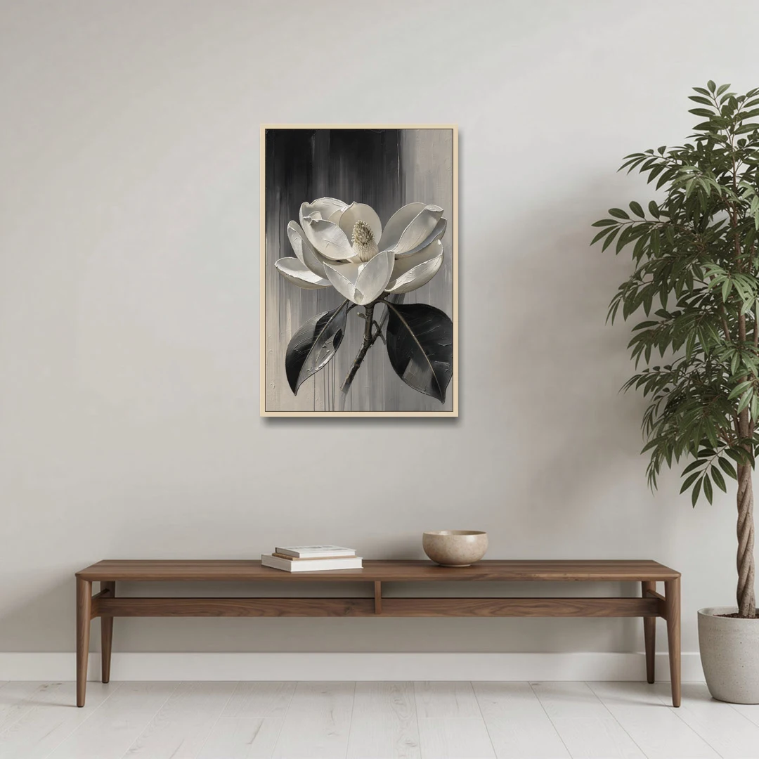 Magnolia Canvas Art with a Single White Bloom - Oak Framed Canvas Wall Art - Coffee Table - 24x36