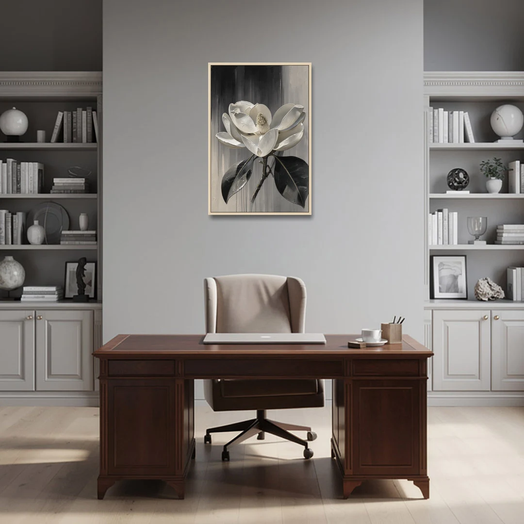 Magnolia Canvas Art with a Single White Bloom - Oak Framed Canvas Wall Art - Office - 24x36