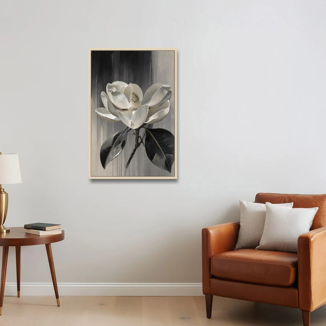 Magnolia Canvas Art with a Single White Bloom - Oak Framed Canvas Wall Art - Sofa - 24x36