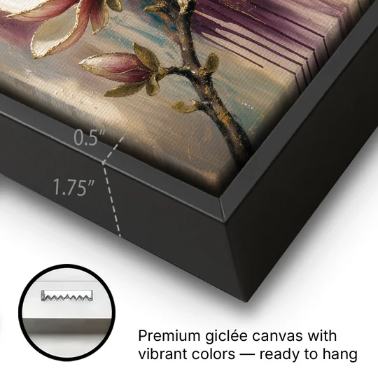 Magnolia Canvas Print in Ivory and Gold - Black Framed Canvas Wall Art - Gallery Wrap Corner