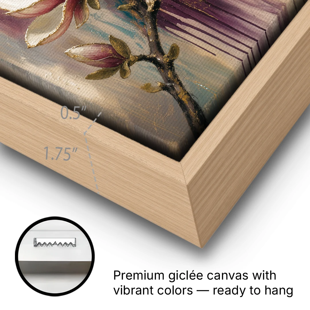 Magnolia Canvas Print in Ivory and Gold - Oak Framed Canvas Wall Art - Gallery Wrap Corner