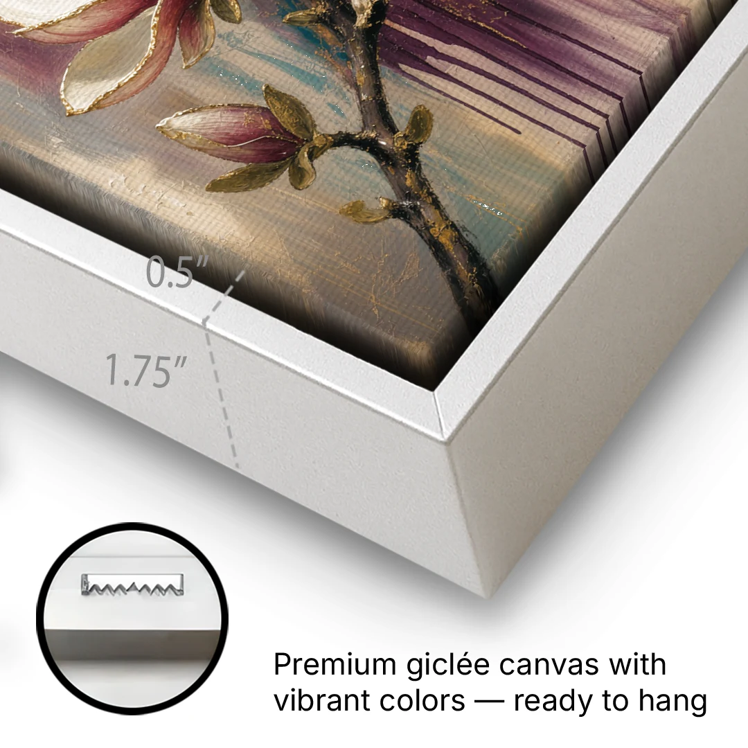 Magnolia Canvas Print in Ivory and Gold - White Framed Canvas Wall Art - Gallery Wrap Corner