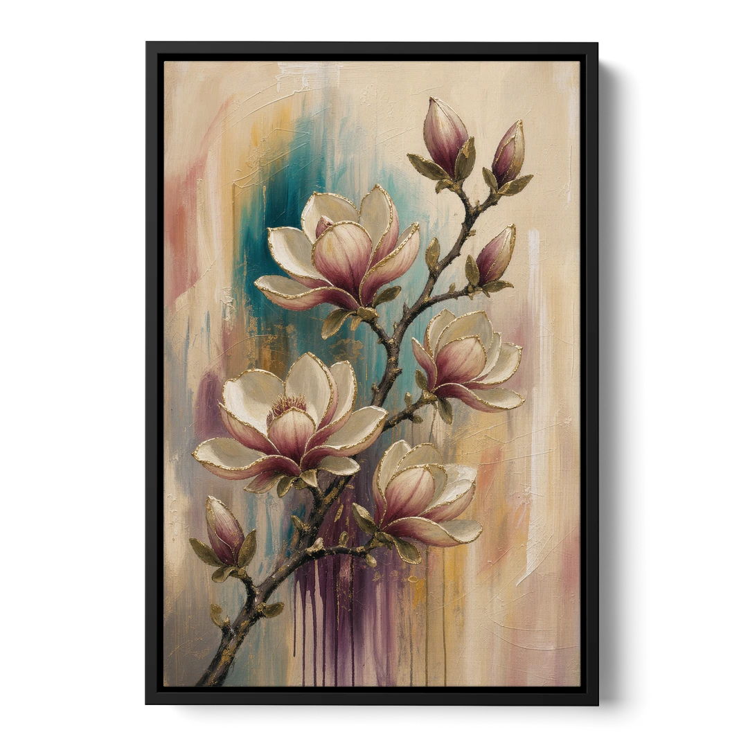 Magnolia Canvas Print in Ivory and Gold - Black Framed Canvas Wall Art - Front