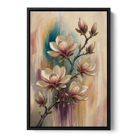 Magnolia Canvas Print in Ivory and Gold - Black Framed Canvas Wall Art - Front