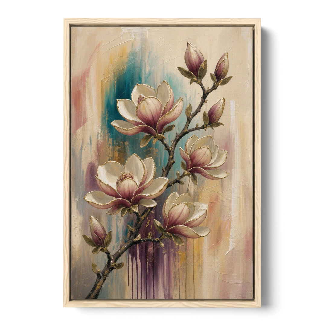 Magnolia Canvas Print in Ivory and Gold - Oak Framed Canvas Wall Art - Front